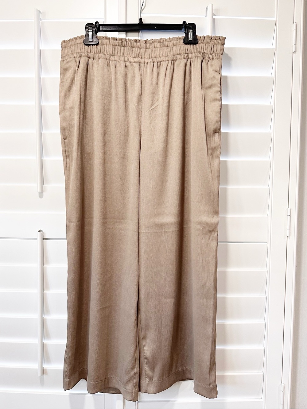 Joie Wide Leg Pull-On Pants Large Taupe Satin Textured Elastic Waist Casual